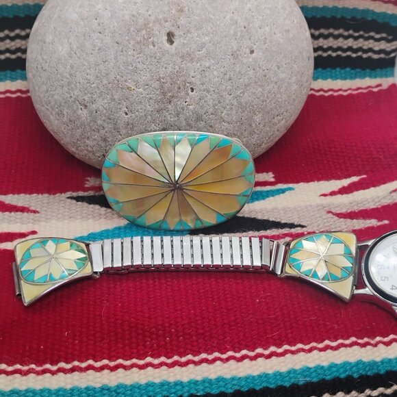 Vtg Zuni Inlay Set Belt Buckle Watch Tips Turquoise Mother of Pearl Sunburst - Picture 4 of 16